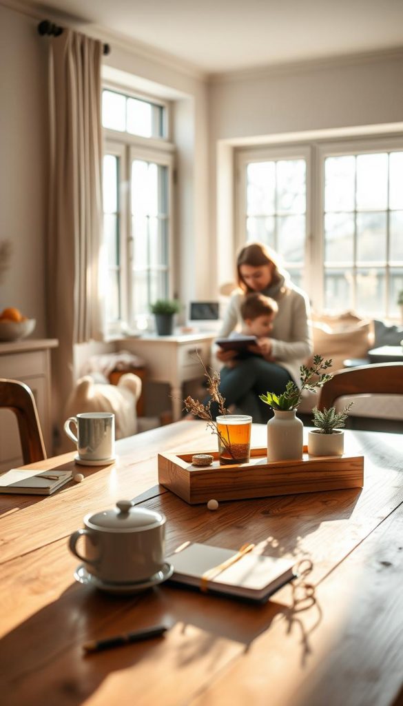 A cozy, sun-dappled morning routine unfolds in the warmth of a family home. Soft natural light filters through large windows, casting a gentle glow over a serene scene. In the foreground, a wooden table is adorned with a KlickKiste, a simple, rustic centerpiece that anchors the composition. Surrounding it, various objects evoke a sense of mindfulness and connection: a steaming mug, a journal, and a few carefully placed plants. In the middle ground, a parent and child engage in quiet, intentional activities, their body language radiating a sense of calm focus. The background suggests a lived-in, welcoming space, with hints of other furnishings and décor that reinforce the homey, winter-inspired aesthetic. The overall mood is one of tranquility, clarity, and nurturing energy - a perfect illustration of the &quot;Morgenroutine für Familien&quot; section.