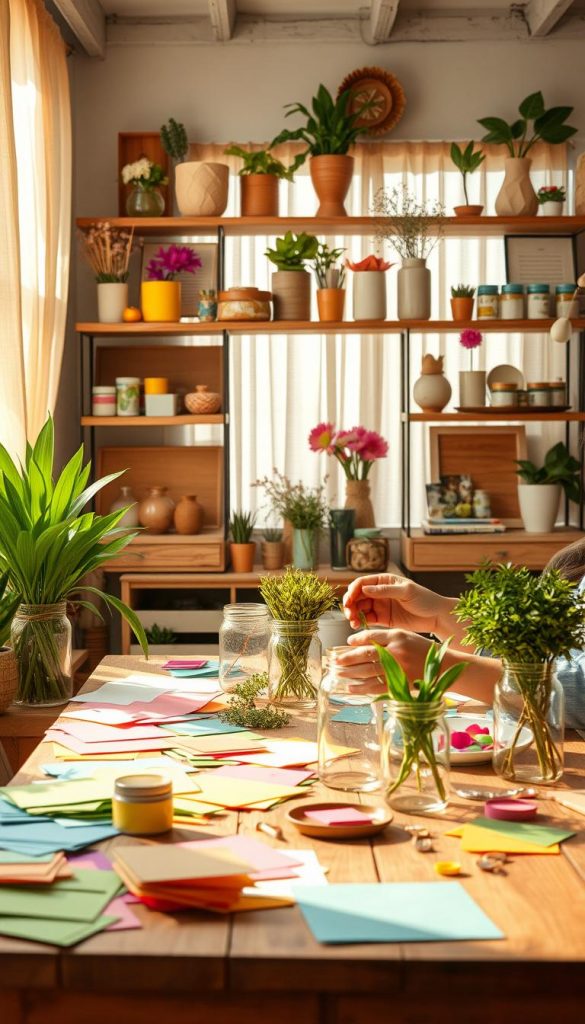 A cozy, sunlit crafting space filled with vibrant spring colors and natural materials. In the foreground, a wooden table adorned with various upcycled crafting supplies: colorful papers, glass jars, and lush green plants ready for transformation. A pair of hands, wearing modest casual clothing, carefully assembles a DIY project, showcasing creativity and inspiration. In the middle ground, shelves filled with neatly organized craft materials and completed projects that reflect the spirit of spring, such as flower decorations and painted containers. The background features a softly lit window with sheer curtains, allowing warm sunlight to filter through, creating a welcoming and cheerful atmosphere. This image embodies authentic DIY vibes, perfect for KlickKiste’s emphasis on creativity and upcycling.