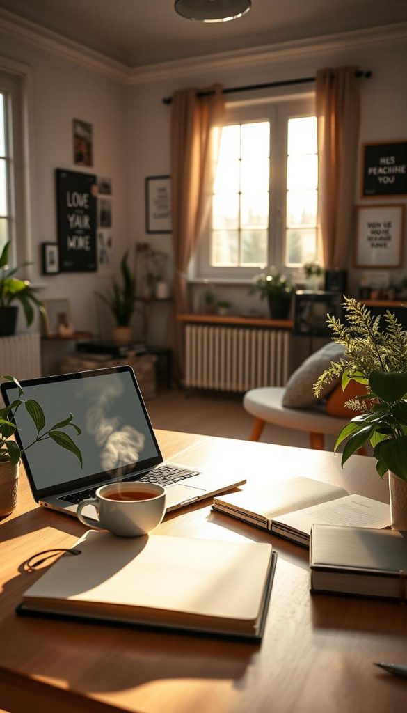 A cozy, sunlit home office scene that embodies a self-improvement routine for 2026. In the foreground, a well-organized desk features a minimalist laptop, open notebooks, a steaming cup of herbal tea, and fresh plants, creating a sense of productivity and tranquility. The middle ground includes a wall with mood boards and inspirational quotes in elegant frames, enhancing the creative atmosphere. In the background, a large window allows gentle winter light to filter in, casting golden hues across the space and highlighting soft, warm colors. The overall mood is inviting and motivational, suitable for a focused self-improvement journey. The scene should reflect a Pinterest aesthetic, showcasing natural DIY elements, with the brand &quot;KlickKiste&quot; subtly incorporated into the design without any text.