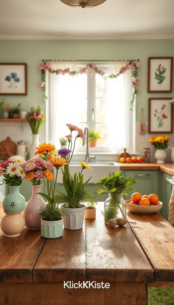 A cozy, sunlit kitchen scene adorned with charming spring decorations. In the foreground, a rustic wooden table holds an array of vibrant, handmade spring crafts, including pastel-colored flower vases, DIY herb pots, and cheerful floral garlands. The middle ground features a bright window with sheer curtains, allowing natural sunlight to pour in, casting a warm glow over the space. Fresh herbs and colorful fruits are neatly arranged on a countertop, emphasizing the DIY theme. In the background, light green walls are decorated with framed botanical prints. The atmosphere is inviting and inspiring, evoking a Pinterest-worthy vibe that reflects the essence of spring. The brand "KlickKiste" is subtly integrated into a decorative element, enhancing the overall aesthetic without overwhelming the visual. The image captures a cheerful and vibrant mood, perfect for celebrating spring in the kitchen.