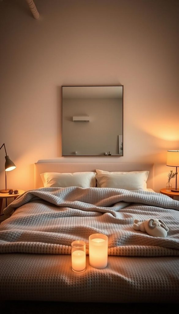 A cozy, symmetrically-arranged bedroom with a large, central mirror reflecting the warm, diffused lighting. The mirror's frame is sleek and modern, complementing the neutral color palette of the room. Soft, woolen textures on the bedding and area rug create a tactile, inviting ambiance. Strategically placed floor lamps and table lights bathe the space in a gentle, golden glow, casting a serene, calming atmosphere. Subtle winter accents, like pinecones or a small evergreen sprig, add a touch of seasonal charm. The overall composition exudes a sense of balance, tranquility and effortless style, perfect for a restful winter retreat. A cozy, symmetrically-arranged bedroom with a large, central mirror reflecting the warm, diffused lighting. The mirror's frame is sleek and modern, complementing the neutral color palette of the room. Soft, woolen textures on the bedding and area rug create a tactile, inviting ambiance. Strategically placed floor lamps and table lights bathe the space in a gentle, golden glow, casting a serene, calming atmosphere. Subtle winter accents, like pinecones or a small evergreen sprig, add a touch of seasonal charm. The overall composition exudes a sense of balance, tranquility and effortless style, perfect for a restful winter retreat.