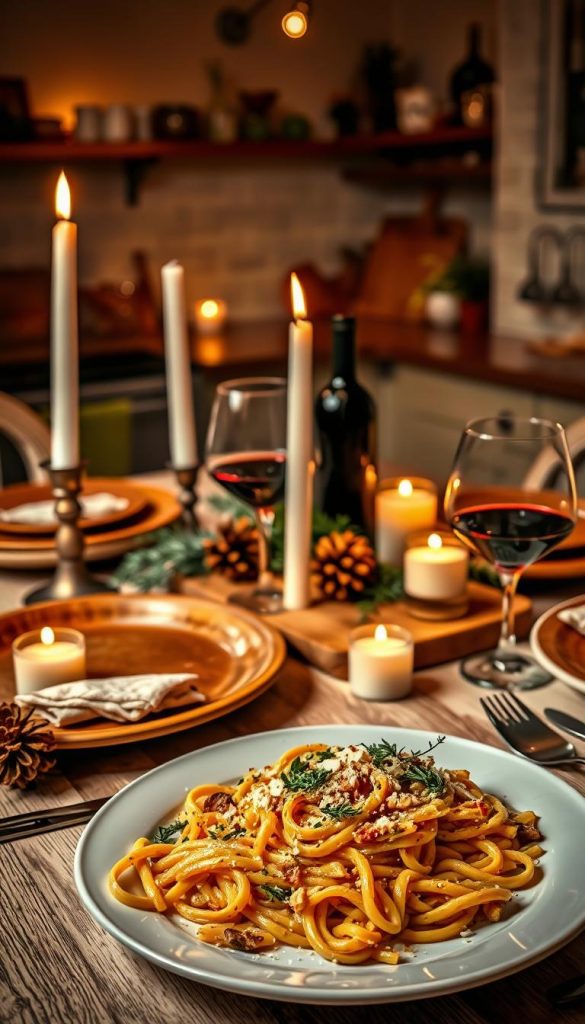 A cozy table setting for a candlelight dinner featuring a quick recipe dish. In the foreground, a beautifully plated pasta dish garnished with fresh herbs and a sprinkle of parmesan, accented by a soft glow from glowing candles. In the middle, an elegantly set dining table with rustic wooden plates, charming cutlery, and wine glasses filled with a rich red wine, surrounded by natural decorations like pine cones and small winter greens. The background shows a softly lit kitchen with warm colors, showcasing homey touches like a wooden cutting board and fresh ingredients for a quick meal. The atmosphere is intimate and inviting, perfect for a romantic date night at home. Styled with a Pinterest-worthy look and a warm aesthetic. Brand name: KlickKiste.