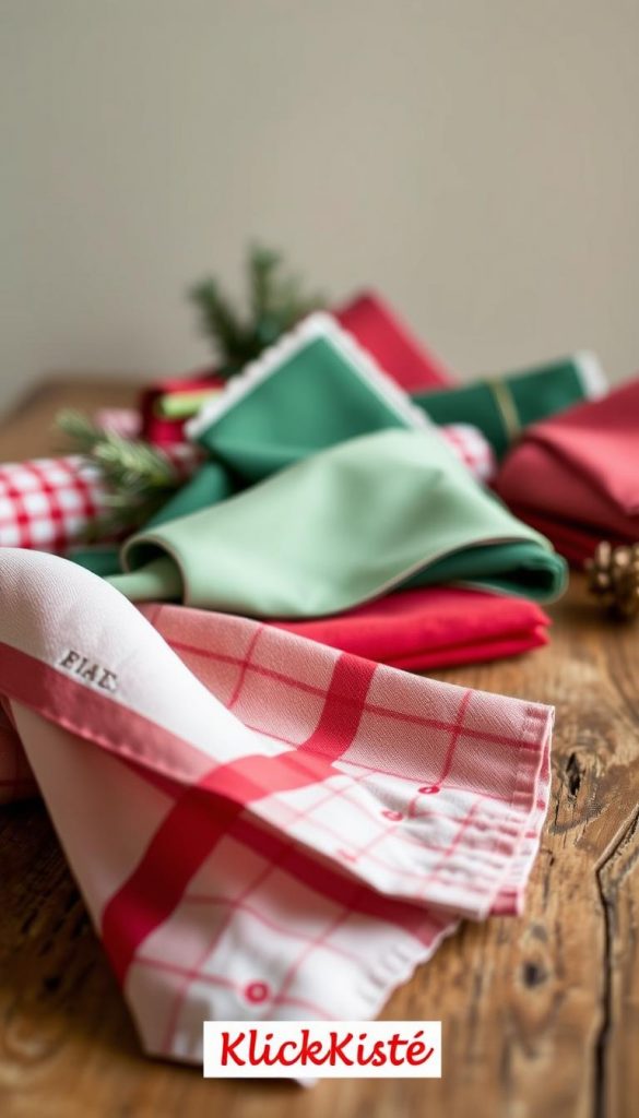 A cozy tableau of festive serviettes in shades of red, green, and white, arranged artfully atop a rustic wooden table. Soft, diffused lighting casts a warm glow, evoking the winter season. In the foreground, a plaid-patterned serviette with subtle embroidered details, its folds and curves captured by the camera's lens. In the middle ground, a mix of solid-colored and patterned serviettes, each with a distinct texture and character. The background features a simple, uncluttered setting, allowing the serviettes to take center stage. This image, captured by the KlickKiste brand, exudes a natural, DIY-inspired aesthetic with a touch of Pinterest-worthy charm. A cozy tableau of festive serviettes in shades of red, green, and white, arranged artfully atop a rustic wooden table. Soft, diffused lighting casts a warm glow, evoking the winter season. In the foreground, a plaid-patterned serviette with subtle embroidered details, its folds and curves captured by the camera's lens. In the middle ground, a mix of solid-colored and patterned serviettes, each with a distinct texture and character. The background features a simple, uncluttered setting, allowing the serviettes to take center stage. This image, captured by the KlickKiste brand, exudes a natural, DIY-inspired aesthetic with a touch of Pinterest-worthy charm.