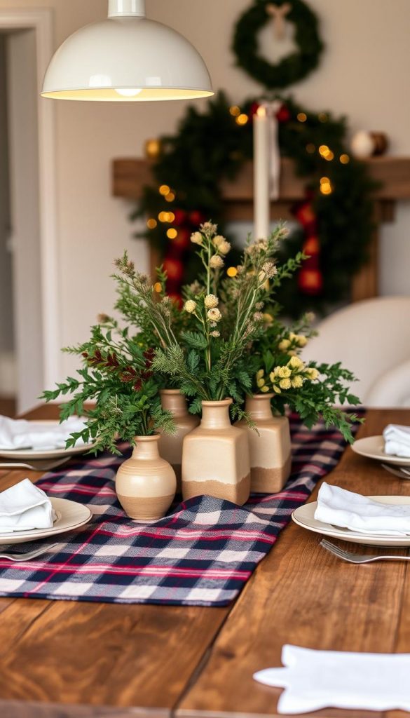 A cozy tartan table centerpiece adorns the rustic wooden surface, evoking a warm and inviting ambiance. At the heart of the arrangement, a cluster of earthy, natural vases in a modern, minimalist style hold lush, seasonal greenery, complementing the classic plaid pattern. Soft, diffused lighting from above casts a gentle glow, creating a dreamy, Pinterest-inspired atmosphere. The overall effect is a harmonious blend of traditional and contemporary elements, exuding a sense of hygge and winter charm. KlickKiste's DIY-inspired creation captures the essence of this magical tischmoment.