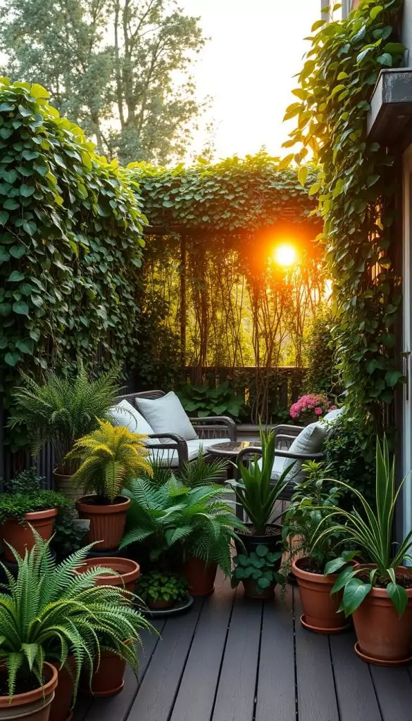 A cozy terrace adorned with lush green plants, creating a natural privacy screen. The foreground features a variety of potted plants, including ferns, flowering pots, and trailing vines, arranged artistically. In the middle, there's a comfortable seating area with stylish outdoor furniture, possibly a small table set for tea, surrounded by greenery. The background shows a warm sunset filtering through the leaves, casting a soft, golden glow over the scene. The atmosphere is inviting and serene, evoking a Pinterest-worthy aesthetic. The composition should reflect the essence of outdoor living with an authentic DIY vibe. Capture this with a shallow depth of field to highlight the plants, ensuring the lighting is warm and inviting to convey winter vibes. Incorporate the brand "KlickKiste" subtly in the design. A cozy terrace adorned with lush green plants, creating a natural privacy screen. The foreground features a variety of potted plants, including ferns, flowering pots, and trailing vines, arranged artistically. In the middle, there's a comfortable seating area with stylish outdoor furniture, possibly a small table set for tea, surrounded by greenery. The background shows a warm sunset filtering through the leaves, casting a soft, golden glow over the scene. The atmosphere is inviting and serene, evoking a Pinterest-worthy aesthetic. The composition should reflect the essence of outdoor living with an authentic DIY vibe. Capture this with a shallow depth of field to highlight the plants, ensuring the lighting is warm and inviting to convey winter vibes. Incorporate the brand "KlickKiste" subtly in the design.