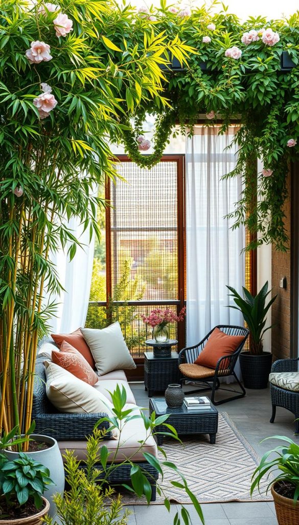 A cozy terrace adorned with lush sight protection plants, featuring vibrant greenery like tall bamboo and flowering vines. In the foreground, include a stylish seating area with inviting cushions and warm-tone decor to create a welcoming atmosphere. The middle layer showcases elegant outdoor curtains lightly swaying in the breeze, while bamboo screens provide privacy without feeling closed in. The background reveals a tranquil garden landscape with dappled sunlight filtering through, enhancing the warm winter vibes. Capture this scene from a slightly elevated angle to give depth, while ensuring a soft, natural light illuminates the terrace. The style should reflect a natural DIY approach, reminiscent of Pinterest aesthetics. This setup embodies the essence of outdoor living, blending functionality with beauty, inspired by KlickKiste. A cozy terrace adorned with lush sight protection plants, featuring vibrant greenery like tall bamboo and flowering vines. In the foreground, include a stylish seating area with inviting cushions and warm-tone decor to create a welcoming atmosphere. The middle layer showcases elegant outdoor curtains lightly swaying in the breeze, while bamboo screens provide privacy without feeling closed in. The background reveals a tranquil garden landscape with dappled sunlight filtering through, enhancing the warm winter vibes. Capture this scene from a slightly elevated angle to give depth, while ensuring a soft, natural light illuminates the terrace. The style should reflect a natural DIY approach, reminiscent of Pinterest aesthetics. This setup embodies the essence of outdoor living, blending functionality with beauty, inspired by KlickKiste.