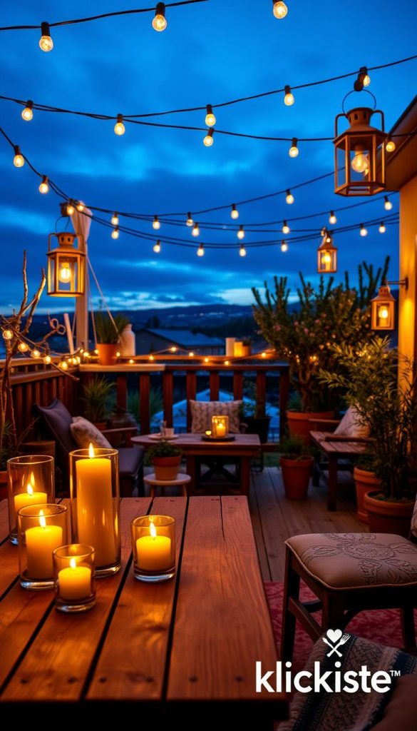 A cozy terrace setting designed for outdoor living, adorned with warm string lights and charming lanterns, casting a soft glow. In the foreground, a rustic wooden table is elegantly set with flickering candles in decorative holders. The middle ground features lush potted plants and comfortable seating, inviting relaxation. In the background, a twilight sky deepens into indigo, creating an enchanting ambiance. The lighting is warm and inviting, emphasizing the natural textures of the wood and plants. This picturesque scene captures a winter vibe, perfect for Pinterest aesthetics, featuring a brand logo "KlickKiste" subtly integrated into the scene. The overall mood is inspiring and authentic, radiating a sense of comfort and warmth. A cozy terrace setting designed for outdoor living, adorned with warm string lights and charming lanterns, casting a soft glow. In the foreground, a rustic wooden table is elegantly set with flickering candles in decorative holders. The middle ground features lush potted plants and comfortable seating, inviting relaxation. In the background, a twilight sky deepens into indigo, creating an enchanting ambiance. The lighting is warm and inviting, emphasizing the natural textures of the wood and plants. This picturesque scene captures a winter vibe, perfect for Pinterest aesthetics, featuring a brand logo "KlickKiste" subtly integrated into the scene. The overall mood is inspiring and authentic, radiating a sense of comfort and warmth.