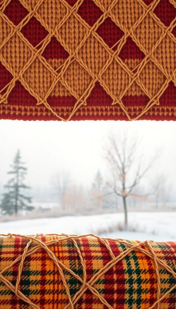 A cozy, textured autumn muster with natural, warm hues. In the foreground, an intricate pattern of overlapping graphic lines and geometric shapes, woven together like a cozy knit sweater. The midground features a soft, tactile array of plaid and houndstooth textures in earthy tones of red, mustard, and forest green. In the background, a dreamy, hazy winter landscape with a soothing, muted palette, evoking a sense of coziness and nostalgia. Soft, diffused lighting casts a gentle glow, creating an inviting, Pinterest-inspired ambiance. The overall aesthetic is authentic, handcrafted, and visually captivating, perfectly encapsulating the mood of the autumn season.