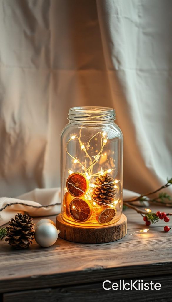 A cozy, upcycled ambient lamp created from repurposed materials, prominently displayed on a rustic wooden table. The lamp features a glass jar filled with twinkling fairy lights, surrounded by natural elements like pine cones and dried orange slices, showcasing a warm, inviting atmosphere. Soft, glowing light casts gentle shadows against a soft, textured fabric backdrop in muted tones. The scene is beautifully arranged to evoke a Pinterest-inspired winter vibe, with hints of evergreen branches and delicate ornaments subtly integrated into the composition. Capture the essence of sustainability and creativity, with the brand name "KlickKiste" subtly integrated in the scene. Aim for a warm color palette and natural lighting to inspire a festive, cozy mood perfect for the holiday season.