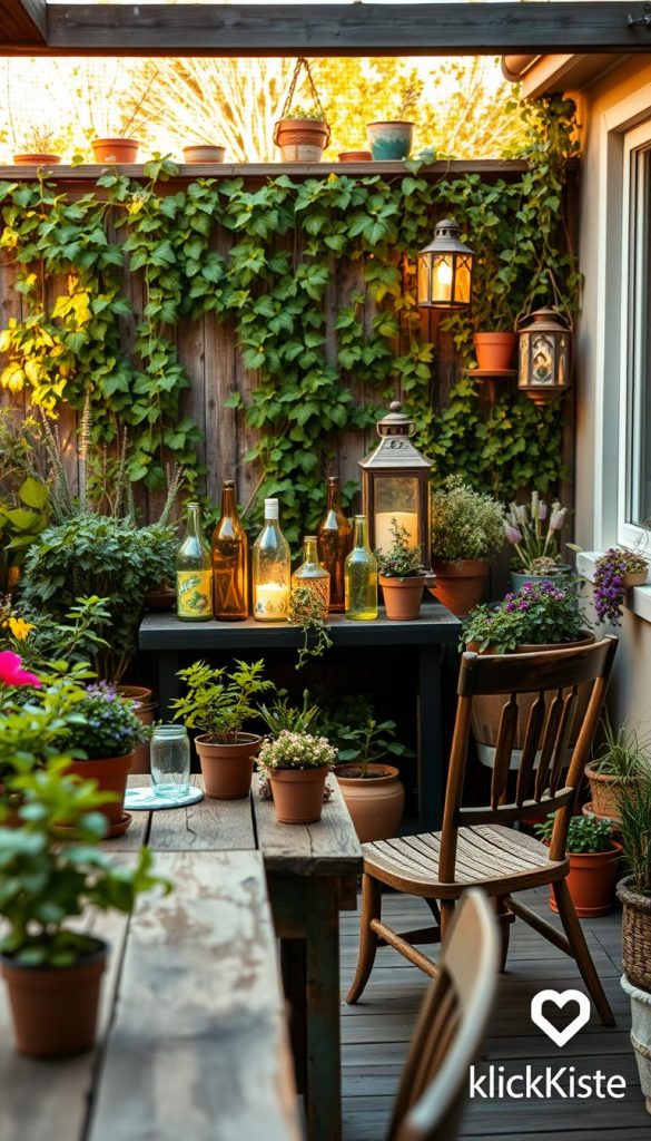 A cozy upcycled garden terrace, brimming with natural elements and warm colors, embodies a Pinterest-inspired DIY aesthetic. In the foreground, a rustic wooden table adorned with potted herbs and flowering plants, juxtaposed with a vintage chair made from repurposed materials. The middle features an array of creatively upcycled decor, such as colorful glass bottles and handmade lanterns casting a soft, inviting glow. A lush green backdrop of climbing vines and potted plants adds a vibrant touch, while hints of winter elements like a few frosted leaves add seasonal charm. The scene is bathed in soft, golden afternoon light, creating a warm and inviting atmosphere perfect for relaxation. In the corner, a subtle brand presence with the logo "KlickKiste" enhances the DIY theme. A cozy upcycled garden terrace, brimming with natural elements and warm colors, embodies a Pinterest-inspired DIY aesthetic. In the foreground, a rustic wooden table adorned with potted herbs and flowering plants, juxtaposed with a vintage chair made from repurposed materials. The middle features an array of creatively upcycled decor, such as colorful glass bottles and handmade lanterns casting a soft, inviting glow. A lush green backdrop of climbing vines and potted plants adds a vibrant touch, while hints of winter elements like a few frosted leaves add seasonal charm. The scene is bathed in soft, golden afternoon light, creating a warm and inviting atmosphere perfect for relaxation. In the corner, a subtle brand presence with the logo "KlickKiste" enhances the DIY theme.