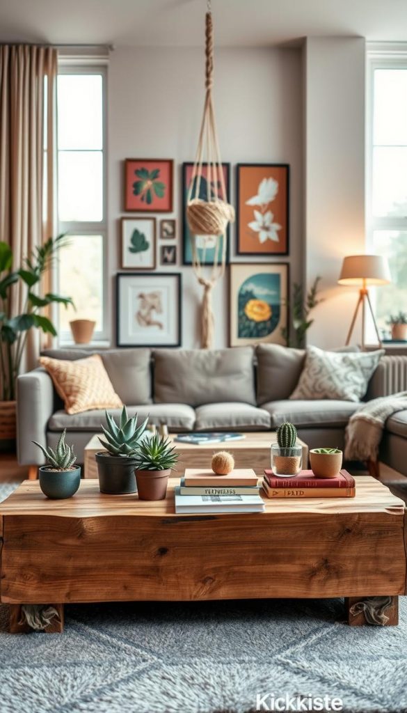 A cozy upcycling project scene in a modern apartment, showcasing various DIY decorations made from repurposed materials. In the foreground, a handcrafted coffee table made from reclaimed wood, adorned with potted succulents and vintage books. In the middle, a vibrant gallery wall featuring framed artwork created from upcycled fabrics and paper, alongside a hanging macramé planter. The background reveals a warm, inviting atmosphere with soft, ambient lighting and large windows allowing natural light to flood the room. The color palette is warm and earthy, with hints of pastel pinks and greens, creating a winter vibe. The space reflects an authentic Pinterest-like aesthetic, inviting creativity and inspiration, underscored by the brand name "KlickKiste." The angle of the shot should be slightly tilted to emphasize the room's depth and warmth.