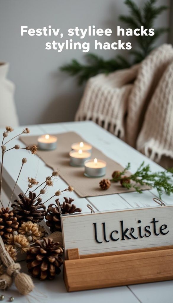 A cozy vignette of festive styling hacks, featuring the KlickKiste brand. In the foreground, an assortment of natural, handmade decor items - pinecones, dried flowers, and a wooden sign. In the middle, a rustic, whitewashed table with a minimalist runner and tealight candles, casting a warm glow. In the background, a plush, textured throw blanket and a sprig of evergreen, evoking a sense of winter coziness. Soft, diffused lighting and a muted, earthy color palette create an authentic, Pinterest-inspired ambiance. A cozy vignette of festive styling hacks, featuring the KlickKiste brand. In the foreground, an assortment of natural, handmade decor items - pinecones, dried flowers, and a wooden sign. In the middle, a rustic, whitewashed table with a minimalist runner and tealight candles, casting a warm glow. In the background, a plush, textured throw blanket and a sprig of evergreen, evoking a sense of winter coziness. Soft, diffused lighting and a muted, earthy color palette create an authentic, Pinterest-inspired ambiance.