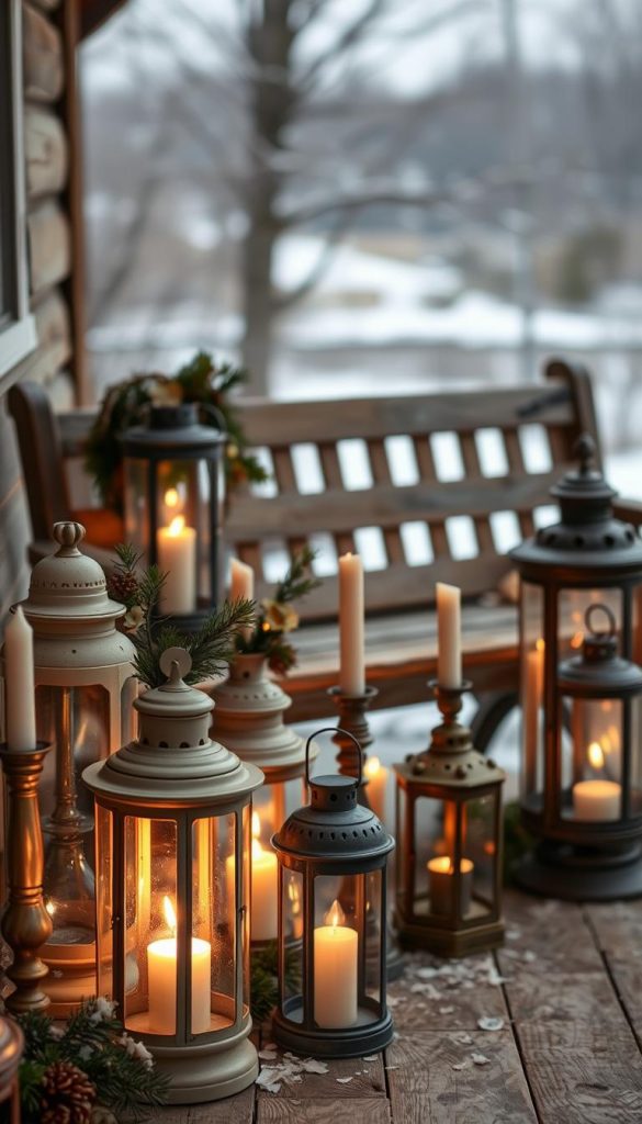 A cozy vignette of vintage lanterns, their warm glow casting a nostalgic ambiance. In the foreground, an assortment of KlickKiste lanterns in muted tones of cream, copper, and patinated brass, arranged with rustic candlesticks and pine sprigs. The middle ground features a worn wooden bench, hinting at a charming, wintry scene. In the background, a hint of snowfall and a softly blurred landscape, creating a sense of serene, inviting atmosphere. The lighting is gentle, with a natural, ambient quality that evokes a feeling of timeless elegance and DIY charm. The overall mood is one of winter wonderland, with a touch of vintage-inspired, Pinterest-worthy aesthetic.
