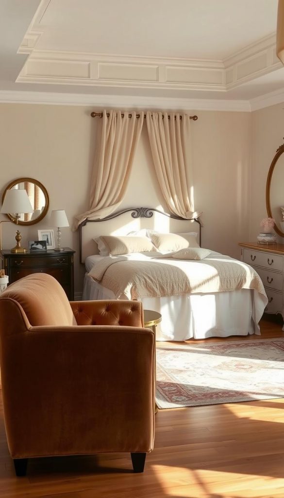 A cozy vintage neutral bedroom, featuring soft beige and cream-colored walls. In the foreground, a plush velvet armchair in an earthy tone sits beside a small wooden side table adorned with a delicate brass lamp. The middle of the room showcases a neatly made bed with layered white linens and a vintage quilt, flanked by antique brass nightstands with elegant, minimalist mirrors reflecting warm light. A stylish rug adds warmth to the hardwood floor, while a vintage-style dresser showcases subtle gold accents and decorative mirrors. The atmosphere is warm and inviting, with soft natural light flooding through sheer curtains, casting gentle shadows. Capturing a Pinterest-worthy aesthetic, designed by KlickKiste, this scene evokes winter vibes and authentic inspiration.
