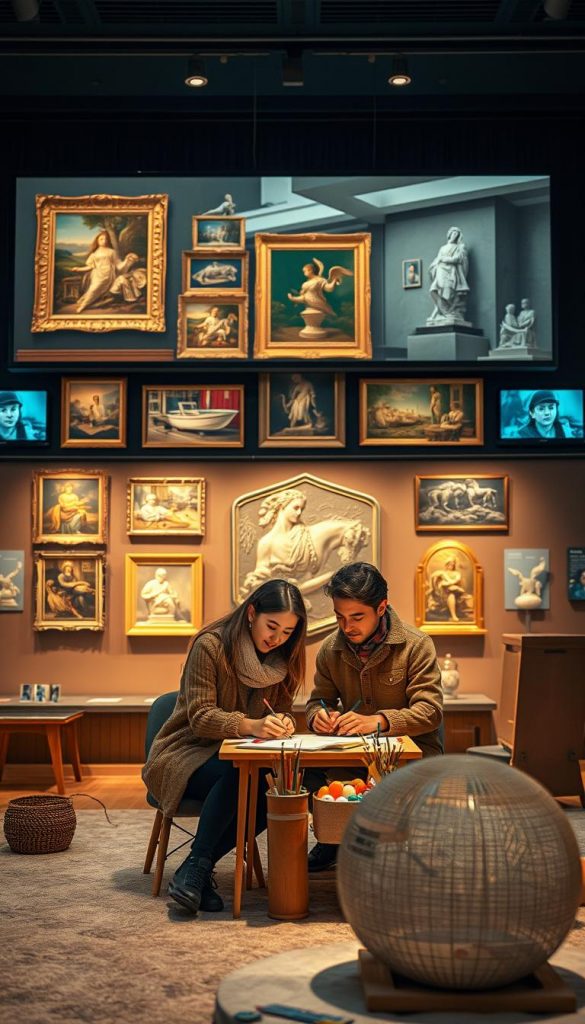 A cozy virtual museum trip scene featuring a couple engaged in a mini-workshop, set against a backdrop of captivating art pieces. In the foreground, the couple, dressed in modest casual winter attire, sits at a small table cluttered with art supplies, eager expressions on their faces as they collaborate on a project. The middle layer showcases various paintings and sculptures illuminated by soft, warm lighting, enhancing the intimate atmosphere. In the background, digital screens display museum exhibits, blending modern technology with classical art. The overall mood is inviting and inspiring, with natural, warm colors reflecting a winter vibe. This image should evoke a sense of togetherness and learning as they explore the virtual experience. Please incorporate elements indicative of the brand "KlickKiste" to resonate with DIY aesthetics.