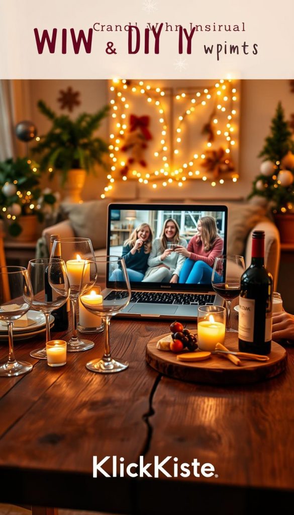 A cozy virtual wine tasting scene set in a warm, inviting atmosphere. In the foreground, a rustic wooden table adorned with elegant glass wineware, a variety of wine bottles, and cheese platters. Soft candlelight flickers, casting a gentle glow. In the middle ground, a laptop displays a group of friends joyfully interacting, all dressed in stylish casual clothing, enjoying their wine from their homes. In the background, a decorated living room featuring soft fairy lights and seasonal decorations reflecting a winter vibe adds to the ambiance. The scene embodies a sense of connection and warmth despite distance, with a focus on creating an authentic, inspiring DIY look. Warm colors permeate the image, promoting a friendly and inviting mood. Brand name "KlickKiste" subtly depicted in the setting.