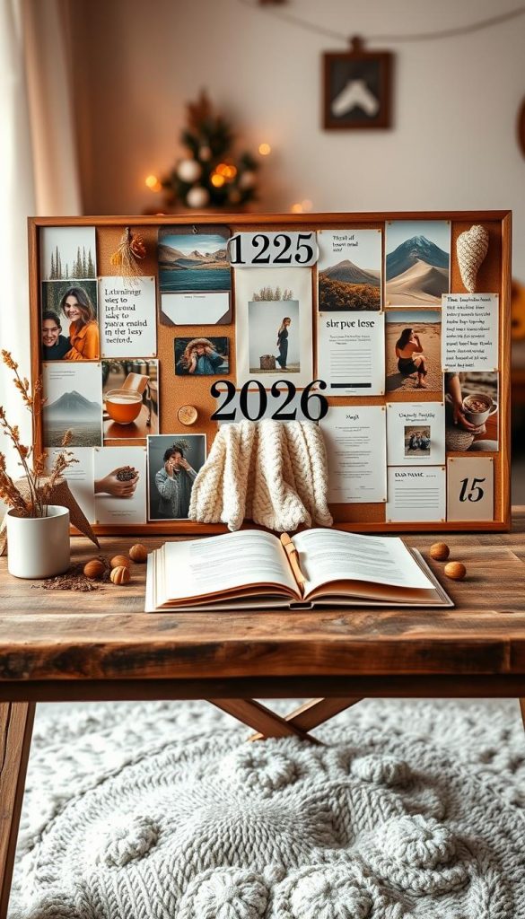 A cozy vision board layout designed for 2026, set on a rustic wooden table. The foreground features a collection of inspiring images, motivational quotes, and personal goals arranged aesthetically with natural, warm tones. Include elements like dried flowers, a cup of herbal tea, and assorted stationery to enhance the DIY vibe. In the middle, add a soft knitted throw and an open notebook to convey a sense of warmth and inspiration. The background should subtly reveal a cozy, inviting room with soft, diffused lighting that creates a serene atmosphere. Use a shallow depth of field to focus on the vision board layout, evoking a modern Pinterest aesthetic with winter vibes. Include the brand name “KlickKiste” in an elegant, discreet manner within the image.