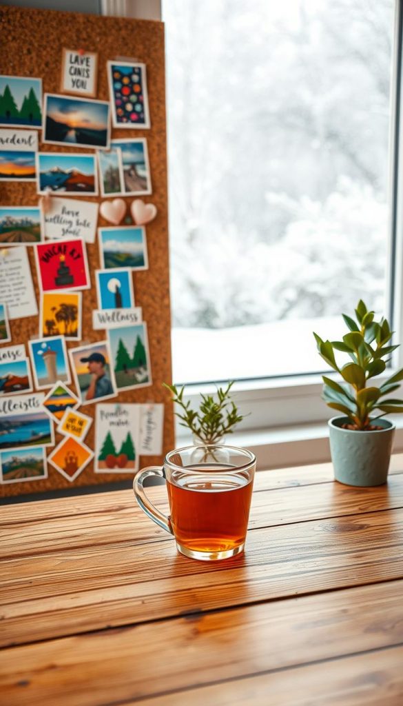 A cozy vision board scene, reflecting the concept of goals and aspirations. In the foreground, a wooden table adorned with a colorful collection of cut-out images, inspirational phrases, and sketches pinned onto a soft corkboard. Vivid pictures of nature, travel destinations, and wellness icons are mixed with affirmations. The middle ground showcases a warm cup of herbal tea next to a small potted plant, giving an inviting atmosphere. In the background, a softly lit window reveals a gentle winter landscape, sprinkled with snowflakes. The colors are warm and inviting, emphasizing a creative and reflective mood. Capture this with a slightly blurred depth of field to focus on the vision board details, evoking a natural DIY aesthetic. The overall composition should resonate with a Pinterest-inspired look, branded subtly with "KlickKiste".