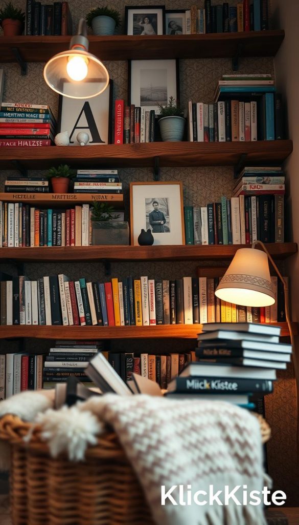 A cozy wall lined with rustic wooden shelves filled with an eclectic mix of books in various colors and sizes. On the shelves, add decorative elements like potted plants, stylish bookends, and framed photographs to create a warm, inviting atmosphere. In the foreground, include a soft, woven basket filled with more books and a plush throw blanket, emphasizing a DIY, Pinterest-inspired aesthetic. The background features a softly glowing lamp casting warm light, enhancing the winter vibes. The image should have a slightly blurred depth of field to draw attention to the shelves, photographed at eye level to create intimacy. The overall mood is authentic and inspiring, embodying a comfortable reading nook. Include brand elements suggesting "KlickKiste" for a personalized touch.