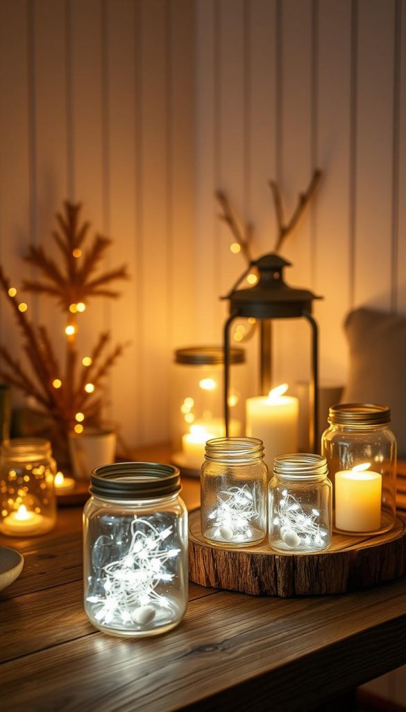 A cozy, warm-lit indoor scene showcasing a collection of LED lanterns. In the foreground, a rustic wooden table displays an arrangement of LED-lit glass jars and lanterns, casting a soft, ambient glow. Larger LED lanterns in the middle ground provide additional lighting, their flickering flames creating a magical, winter-inspired atmosphere. In the background, a minimalist, white-washed wall acts as a canvas, highlighting the mesmerizing interplay of light and shadow. Crisp, high-resolution details capture the natural, handmade aesthetic, with a subtle, Pinterest-inspired styling that evokes a sense of hygge and festive wonder. A cozy, warm-lit indoor scene showcasing a collection of LED lanterns. In the foreground, a rustic wooden table displays an arrangement of LED-lit glass jars and lanterns, casting a soft, ambient glow. Larger LED lanterns in the middle ground provide additional lighting, their flickering flames creating a magical, winter-inspired atmosphere. In the background, a minimalist, white-washed wall acts as a canvas, highlighting the mesmerizing interplay of light and shadow. Crisp, high-resolution details capture the natural, handmade aesthetic, with a subtle, Pinterest-inspired styling that evokes a sense of hygge and festive wonder.