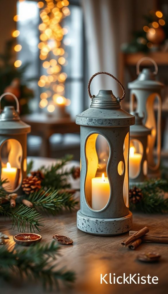 A cozy, warm-toned Christmas scene featuring elegant "kerzen windlicht" lanterns made from Raysin and concrete. In the foreground, focus on a beautifully crafted concrete windlicht, softly glowing with a flickering candle inside, casting intricate shadows. Surround it with pine branches and festive accents, like cinnamon sticks and dried orange slices. In the middle ground, include a warm, rustic wooden table adorned with additional lanterns of different heights, enhancing the DIY aesthetic. The background should suggest a softly lit, winter-themed environment, with blurred fairy lights creating a bokeh effect. Capture the inviting atmosphere of a holiday gathering, emphasizing natural DIY elements in a Pinterest-inspired style. Include the brand name "KlickKiste" subtly integrated into the scene.