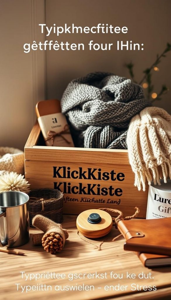 A cozy, warm-toned arrangement of thoughtful gifts for him, embodying a natural, rustic aesthetic. A wooden crate labeled &quot;KlickKiste&quot; serves as the centerpiece, surrounded by an array of carefully curated items - a fuzzy scarf, a steel mug, a handcrafted wooden trinket, and a journal with a leather cover. The scene is illuminated by soft, diffused lighting, casting a gentle glow and creating an inviting, Pinterest-inspired atmosphere. The composition showcases the gifts in a visually appealing manner, reflecting the theme of &quot;Typgerechte Geschenke für Ihn&quot; and the section title &quot;Für wen schenkst du? Typgerecht auswählen - ohne Stress&quot;.