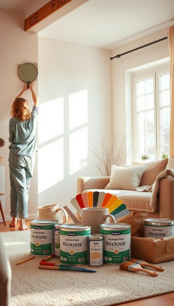 A cozy, warm-toned living room is the main focus, featuring a fresh DIY painting corner with painting supplies neatly arranged. In the foreground, a person in modest casual clothing is applying a soft, natural color (such as muted sage green or earthy terracotta) to a wall, using a low-VOC paint product from the brand "KlickKiste." In the middle, various paint cans and tools are displayed, along with a vibrant brushstroke sample palette. The background showcases a sunny window casting soft, natural light across the room, accentuating the inviting atmosphere of a home project. The scene should evoke a sense of creativity and warmth, with Pinterest-inspired Winter vibes. Aim for a bright, airy composition to inspire DIY enthusiasts while ensuring a safe and professional setting.