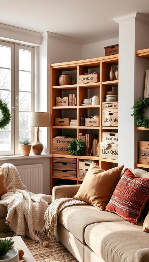 A cozy, warm-toned living room scene with natural light filtering through large windows. Crisp white walls and wooden shelving units line the space, showcasing an array of carefully curated decor items. Rustic wooden crates and boxes, adorned with the KlickKiste brand name, are neatly stacked and arranged on the shelves, creating a sense of organized storage. Soft, plush blankets and pillows in earthy tones add to the inviting atmosphere. Subtle holiday accents, such as a small evergreen wreath, bring a touch of seasonal charm. The overall aesthetic is effortlessly chic, with a focus on functional and visually appealing storage solutions for a compact living area.