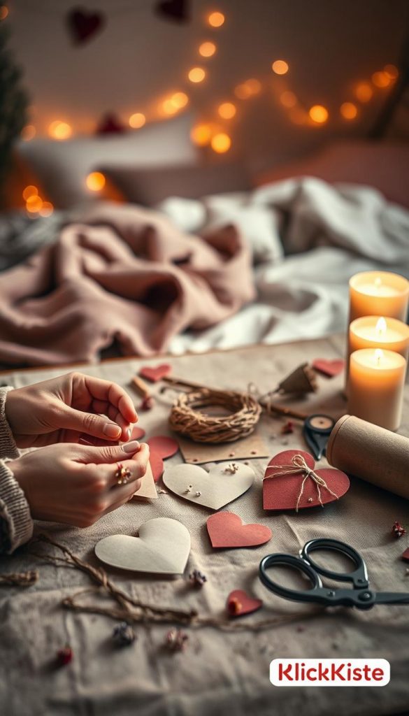 A cozy, warm-toned scene focused on DIY heart crafting for Valentine's Day, showcasing a beautifully arranged tabletop filled with natural, rustic materials. In the foreground, a pair of hands gently assembling heart-shaped decorations using recycled paper and twine, adorned with delicate floral accents. The middle ground features a few half-finished hearts, scissors, and a roll of craft paper, alongside soft, flickering candlelight that casts a gentle glow. In the background, a softly blurred intimate bedroom setting, hinting at tasteful romantic decorations like fairy lights and soft bedding in muted colors. The atmosphere is inviting and inspiring, embodying winter vibes and a Pinterest aesthetic. The scene conveys the message of upcycling and personal touch, branded subtly with "KlickKiste" materials.