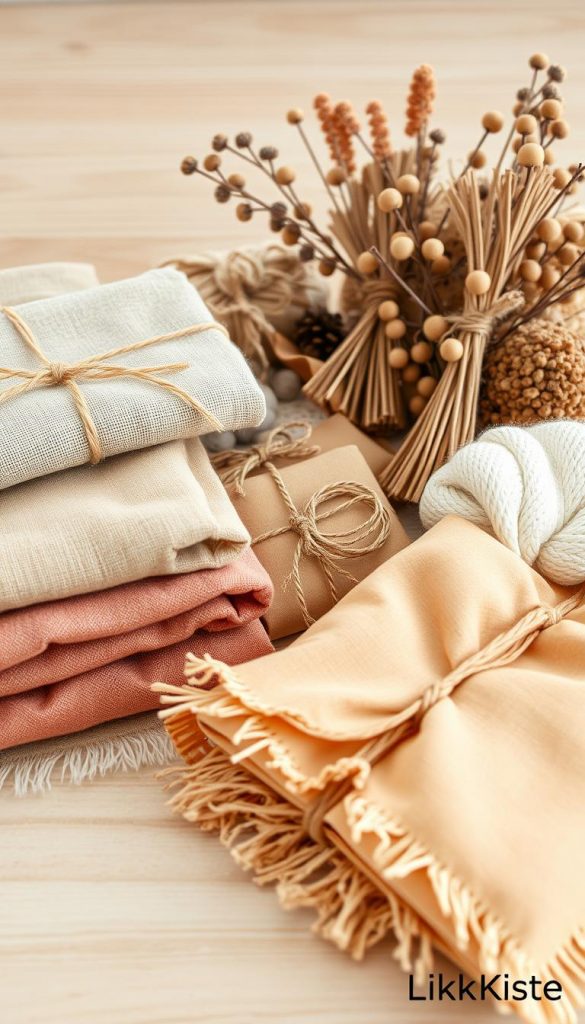 A cozy, warm-toned still life featuring a range of natural materials for Furoshiki gift wrapping. In the foreground, a variety of high-quality textiles in earthy hues - linen, cotton, and wool - are neatly folded. In the middle ground, an assortment of ribbons, strings, and natural embellishments like dried flowers and wooden beads create a rustic, handmade aesthetic. The background evokes a serene, winter-inspired setting with soft lighting, perhaps a wooden table or shelf. The overall mood is one of simplicity, mindfulness, and DIY charm. This image is perfect for the &amp;quot;Material- und Werkzeugliste: Stoff, Bänder, Anhänger und Alternativen aus dem Haushalt&amp;quot; section, with a Pinterest-inspired, authentic look and feel. Captured by KlickKiste.