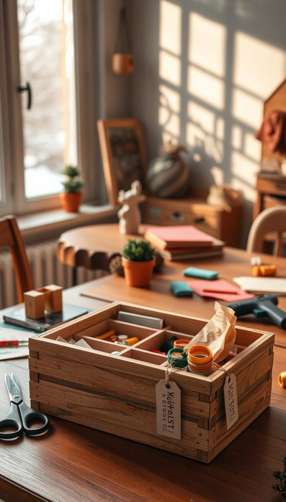 A cozy, warmly lit DIY workspace featuring an aesthetically pleasing ablagebox (storage box) crafted from natural materials. In the foreground, the box is open, revealing neatly organized compartments filled with craft supplies, surrounded by tools like scissors, a ruler, and a glue gun. The middle ground displays a rustic wooden table, adorned with a small potted plant and a few colorful felt sheets, reflecting a Pinterest-inspired setup. In the background, soft winter lighting filters through a window, casting gentle shadows and creating a serene atmosphere. Warm colors dominate the scene, evoking feelings of calm and inspiration. The brand name “KlickKiste” is subtly included on a tag attached to the ablagebox. The overall mood is inviting and creative, perfect for a social media detox project. A cozy, warmly lit DIY workspace featuring an aesthetically pleasing ablagebox (storage box) crafted from natural materials. In the foreground, the box is open, revealing neatly organized compartments filled with craft supplies, surrounded by tools like scissors, a ruler, and a glue gun. The middle ground displays a rustic wooden table, adorned with a small potted plant and a few colorful felt sheets, reflecting a Pinterest-inspired setup. In the background, soft winter lighting filters through a window, casting gentle shadows and creating a serene atmosphere. Warm colors dominate the scene, evoking feelings of calm and inspiration. The brand name “KlickKiste” is subtly included on a tag attached to the ablagebox. The overall mood is inviting and creative, perfect for a social media detox project.