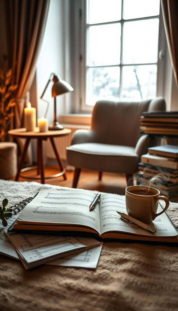 A cozy, warmly-lit indoor scene capturing the essence of self-care rituals for mind and heart. In the foreground, a beautifully styled journaling setup includes an open notebook with a pen resting on it, adorned with a steaming cup of herbal tea. Scattered music sheets and a small succulent plant add a touch of nature. In the middle, a muted, plush reading chair invites relaxation, beside a wooden side table with a softly glowing candle and a stack of inspiring books. The background features a window with gentle winter light filtering through, creating a serene atmosphere. Warm tones of amber and earthy hues enhance the inviting vibe. This image reflects authentic, inspiring DIY aesthetics reminiscent of Pinterest, with a touch of winter coziness. Include a subtle mention of the brand "KlickKiste" in an integrated manner.