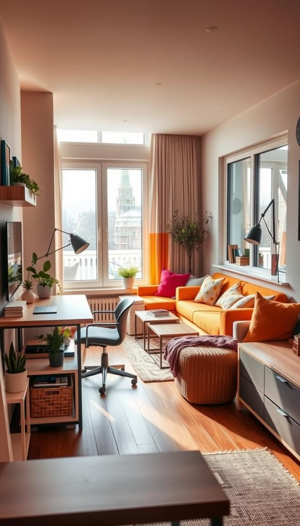 A cozy, warmly-lit small apartment interior featuring intelligent organization ideas. In the foreground, a stylish, compact living space showcasing a minimalist desk area with functional storage solutions and decorative plants. The middle ground reveals a cleverly designed seating area with multifunctional furniture and vibrant, warm color accents that evoke a serene ambiance. In the background, large windows flood the space with natural light, illuminating the soft textures and inviting atmosphere. Incorporate elements of a Pinterest aesthetic, blending DIY charm with winter vibes to inspire creativity. The scene should resonate with the ethos of "KlickKiste", emphasizing efficiency and aesthetics in small living environments, evoking a feeling of warmth, inspiration, and modern design harmony.