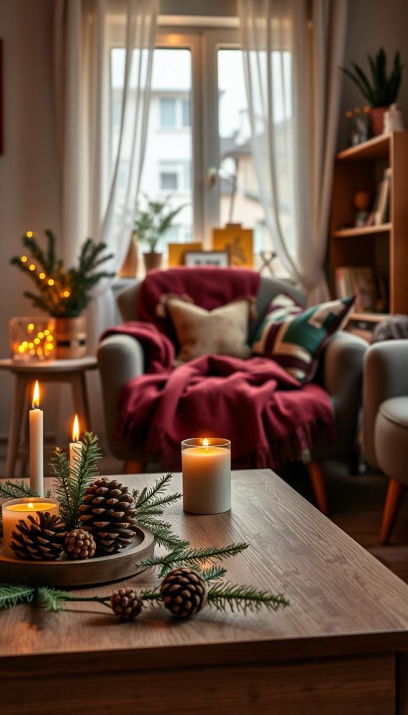 A cozy, warmly-lit small apartment interior showcasing seasonal colors and natural decor inspired by winter vibes. In the foreground, a stylish wooden coffee table adorned with pinecones, a small evergreen plant, and flickering candles creates an inviting atmosphere. In the middle, a softly draped throw blanket in rich burgundy and deep green rests over a snug armchair, complemented by decorative pillows featuring seasonal patterns. The background reveals a window framed with sheer curtains, allowing soft, natural light to filter in, highlighting a small bookshelf with seasonal decor elements—like fairy lights and colorful art pieces—that reflect a Pinterest aesthetic. The overall mood is warm, inspiring, and authentically inviting, capturing the essence of seasonal thinking in home decor. Include a subtle branding element of "KlickKiste" in the space.