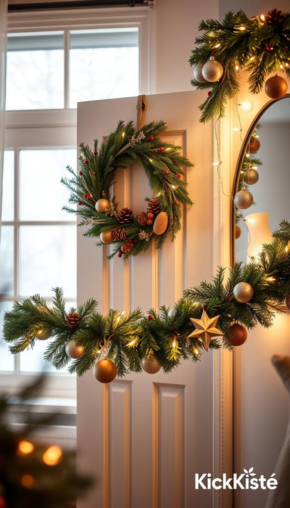 A cozy, warmly lit small living room decorated for Christmas, featuring a natural DIY wreath and festive garland elegantly framing a door and a mirror. The wreath is adorned with pinecones, red berries, and twinkling fairy lights, while the garland is lush with evergreen branches, interspersed with glass ornaments and soft white lights. The scene captures a winter vibe with a soft glow emanating from the lighting, evoking a welcoming atmosphere. The background includes a softly blurred window showcasing falling snowflakes outside. The entire composition gives an inspiring Pinterest aesthetic, radiating warmth and festive cheer, with delicate hints of the brand "KlickKiste" subtly included in the decor elements.