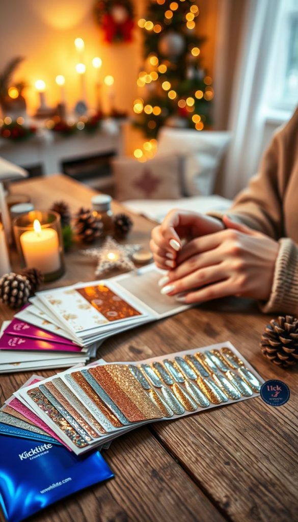 A cozy, warmly lit workspace featuring elegant nail wraps designed for a festive New Year’s Eve look, branded with “KlickKiste”. In the foreground, a neatly arranged selection of colorful, glittery nail foils sits on a rustic wooden table, with subtle reflections from nearby candles casting a soft glow. The middle ground showcases a set of beautifully manicured hands applying a gold and silver nail foil on a finger, adorned with winter-themed decorations like pinecones and twinkling fairy lights. The background incorporates a blurred view of a softly lit room decorated for the holidays, with hints of winter greenery and a subtle, inviting atmosphere. The image captures an expressive, DIY aesthetic that feels authentic and inspiring, perfect for showcasing effortless festive nail art at home.