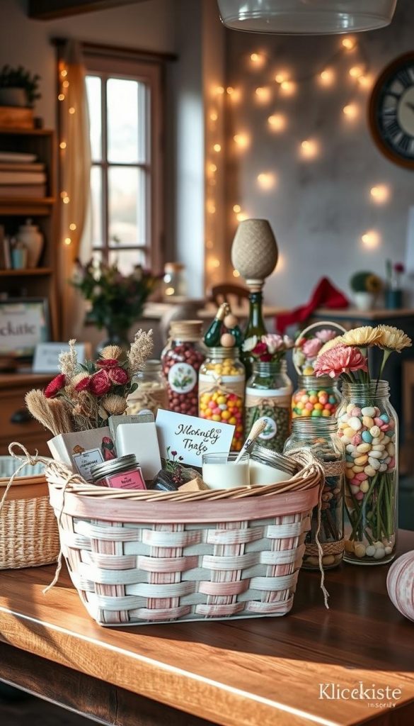 A cozy, warmly lit workspace showcasing beautifully upcycled gifts for Valentine's Day, featuring a variety of old baskets and glass jars creatively repurposed. In the foreground, a hand-painted basket filled with handmade soaps, candles, and dried flowers sits on a wooden table. In the middle, an assortment of decorated glass jars filled with colorful candies and cut bouquets adds a touch of whimsy. The background illustrates a soft, rustic wall with twinkling fairy lights, enhancing the inviting atmosphere. The warm color palette evokes winter vibes and a Pinterest-inspired aesthetic. Light streams gently through a nearby window, casting soft shadows that highlight the textures of the materials. This setting embodies authenticity and inspiration, branded with the logo “KlickKiste” subtly displayed in the corner.