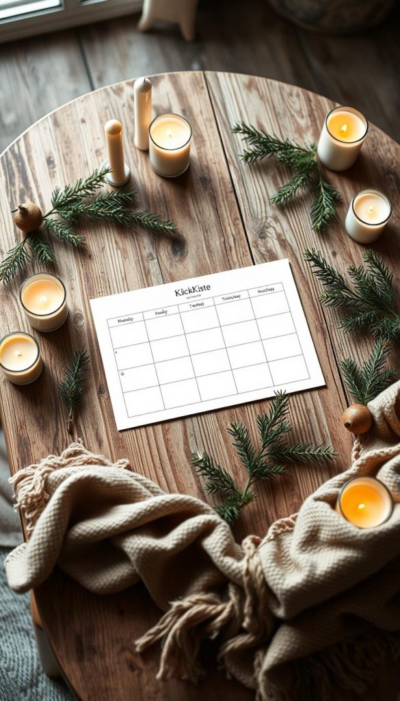 A cozy weekly plan laid out on a rustic wooden table, surrounded by natural elements like pine branches, candles, and a warm throw blanket. The soft lighting creates a serene, winter-inspired atmosphere, capturing the essence of a calm, organized morning routine. In the center, a simple weekly schedule template titled &quot;KlickKiste&quot; is the focal point, showcasing the structure and planning that helps keep a family on track. The overall mood is inviting, authentic, and inspiring, reflecting the article's message of starting the new year with a clear, grounded approach to daily life.