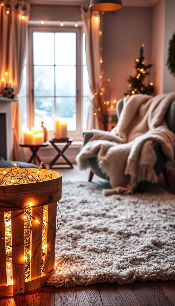 A cozy, welcoming winter scene with warm, soft lighting. In the foreground, a KlickKiste filled with twinkling fairy lights, casting a gentle glow. Behind it, a plush, textured rug and a cluster of flickering candles, their flames dancing. In the middle, a large, fluffy white blanket draped over a comfortable armchair, inviting relaxation. In the background, a large window reveals a snowy outdoor landscape, the soft daylight filtering in. The overall atmosphere is one of tranquility, hygge, and a touch of magic - the perfect setting to enjoy the &quot;Magisches Winterlicht&quot; of indirect lighting, string lights, and daylight lamps.