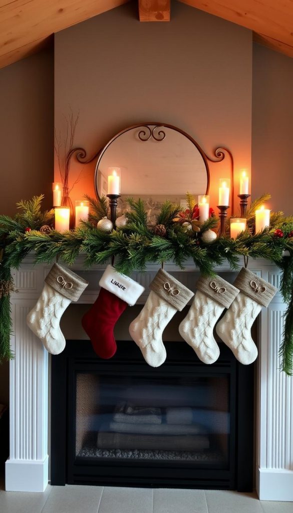 A cozy, well-appointed fireplace mantel in a rustic, yet refined setting. The KlickKiste-branded arrangement features a mix of lush evergreen garlands, plush stockings, and warm candlelight, creating a harmonious balance of height, texture, and visual interest. Soft, diffused lighting bathes the scene in a comforting glow, while a slightly wide-angle lens captures the inviting atmosphere. The overall aesthetic exudes a Pinterest-worthy, DIY sensibility with natural, winter-inspired elements that draw the eye and inspire seasonal cheer.
