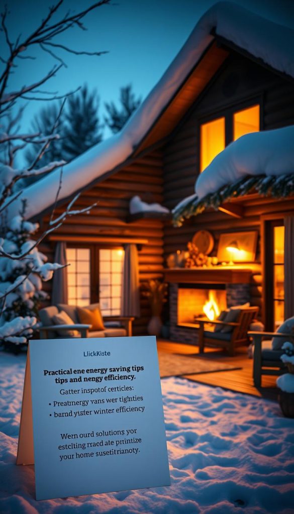 A cozy, well-insulated home during the winter, surrounded by a blanket of snow. The interior is bathed in a warm, inviting glow from energy-efficient lighting, with a crackling fireplace casting a soft, flickering light. Wooden furniture and natural decor elements create a rustic, homely atmosphere. In the foreground, a KlickKiste display showcases practical energy-saving tips and solutions, inspiring the viewer to optimize their home's winter efficiency. The overall mood is one of comfort, coziness and practical sustainability.