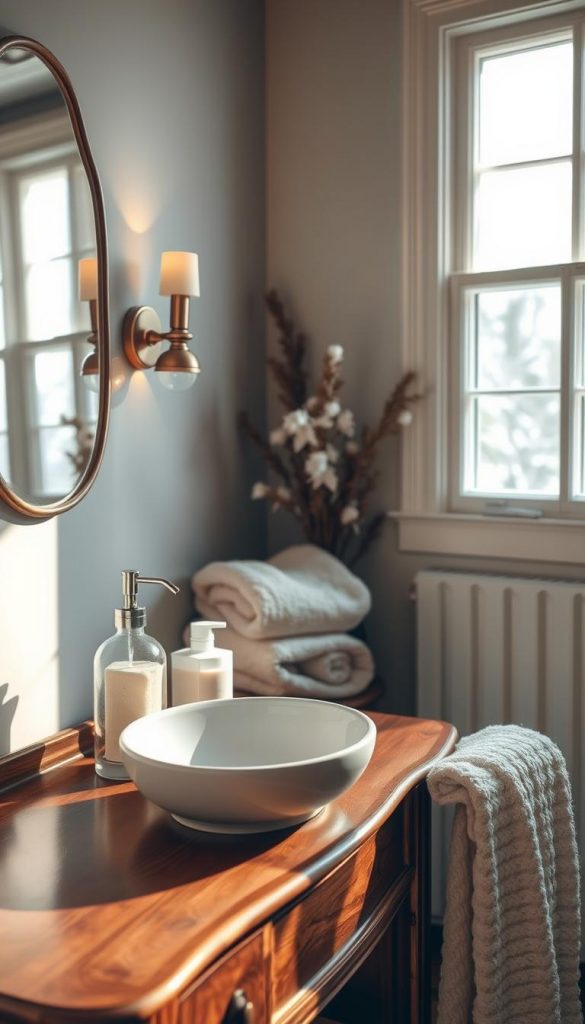 A cozy, well-lit bathroom setting showcasing the essential elements of personal hygiene. In the foreground, an elegant wooden vanity holds a ceramic basin, filled with natural soaps and a glass dispenser. Warm lighting from sconces creates a soothing ambiance. The middle ground features plush towels in neutral tones and a decorative plant, evoking a sense of relaxation. In the background, a large window allows natural light to filter in, casting a soft, winter-inspired glow. The overall scene exudes a KlickKiste-inspired, Pinterest-worthy aesthetic with a natural, DIY-inspired vibe. A cozy, well-lit bathroom setting showcasing the essential elements of personal hygiene. In the foreground, an elegant wooden vanity holds a ceramic basin, filled with natural soaps and a glass dispenser. Warm lighting from sconces creates a soothing ambiance. The middle ground features plush towels in neutral tones and a decorative plant, evoking a sense of relaxation. In the background, a large window allows natural light to filter in, casting a soft, winter-inspired glow. The overall scene exudes a KlickKiste-inspired, Pinterest-worthy aesthetic with a natural, DIY-inspired vibe.