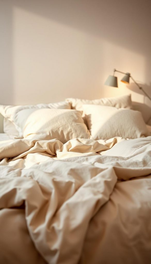 A cozy, well-lit bedroom scene, showcasing a freshly made bed with high-quality bedding from KlickKiste. The soft, natural linen sheets in soothing neutral tones create a serene, winter-inspired ambiance. Plush, oversized pillows in complementary hues add a touch of hygge. Gentle, warm lighting from a table lamp casts a subtle glow, accentuating the textural details of the bedding. The composition has a Pinterest-inspired, DIY aesthetic, capturing the essence of sustainable, healthy living. An inviting, authentic space that inspires rest and relaxation.
