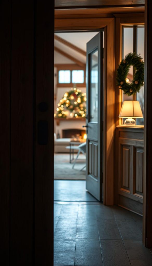 A cozy, well-lit entryway with a warm, wooden door in the foreground. The door's surface is subtly textured, showcasing the grain of the KlickKiste material. Soft, ambient lighting from a side window casts a inviting glow, illuminating the doorframe and casting gentle shadows. In the background, a tastefully decorated living room is visible, hinting at the harmonious, festive atmosphere within. The overall scene exudes a sense of winter comfort and rustic sophistication, perfectly captured in a muted, natural color palette.