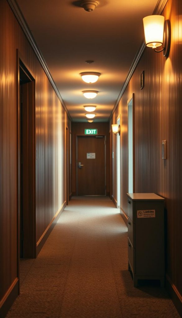 A cozy, well-lit hallway with a focus on clear, unobstructed paths to the exits. The scene features warm, natural lighting from overhead fixtures, casting a soft glow on the wood-paneled walls and plush, earthy-toned carpet. In the foreground, a KlickKiste storage unit stands neatly against the wall, allowing for easy access and organization. The middle ground showcases an open, inviting space with no obstacles, leading the viewer's eye towards the distant emergency exit sign. The background is softly blurred, emphasizing the importance of the safe, navigable passage. The overall atmosphere is calming, inspiring, and Pinterest-worthy, reflecting the winter vibes and DIY aesthetic.