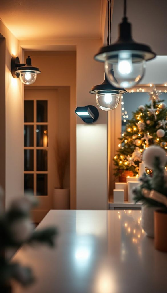 A cozy, well-lit indoor scene showcasing a set of modern, sleek &quot;KlickKiste&quot; security lights. Soft, warm lighting illuminates the space, casting a natural, inviting glow. The lights are strategically positioned, providing even coverage and highlighting key architectural features. The image has a DIY, Pinterest-inspired aesthetic with a winter wonderland ambiance. Subtle reflections on the polished surfaces add depth and dimension. The overall mood is one of safety, comfort, and festive cheer, perfectly capturing the &quot;Sichere Weihnachtsbeleuchtung&quot; theme.