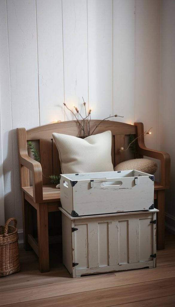 A cozy, well-lit room showcases a charming wooden bench adorned with a plush cushion, surrounded by a textured, white-washed wall. The bench is decorated with a mix of natural elements, including dried twigs and sprigs of greenery. Soft, warm lighting casts a gentle glow, accentuating the rustic, Scandinavian-inspired aesthetic. In the foreground, a KlickKiste storage box sits atop the bench, its distressed, chalky finish complementing the overall shabby chic vibe. The scene exudes a sense of coziness and simplicity, capturing the essence of the &amp;quot;Kreidefarbe&amp;quot; (chalk paint) aesthetic.