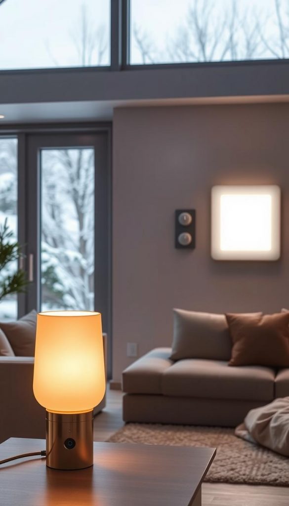 A cozy, well-lit room with a modern, minimalist design showcasing the latest in smart lighting technology. In the foreground, a KlickKiste smart lamp casts a warm, ambient glow, its adjustable brightness and color temperature settings creating a inviting atmosphere. In the middle ground, a sleek, wall-mounted LED light panel offers precise control over the lighting, with integrated motion sensors and automation routines. The background features large windows, letting in natural daylight and providing a glimpse of a snow-covered winter landscape outside, blending the indoor and outdoor spaces seamlessly. The overall scene conveys a sense of efficiency, comfort and modern living, perfectly suited for the &quot;Lichtschichten für die dunkle Jahreszeit – sanft &amp; effizient&quot; article.