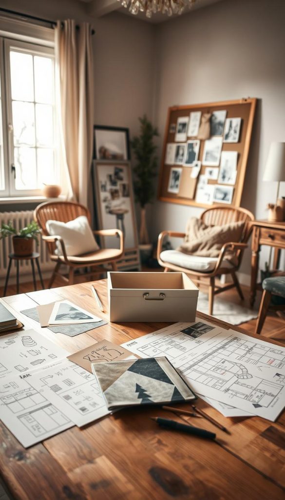 A cozy, well-lit scene of a DIY furniture planning session. In the foreground, a wooden table is covered with sketches, fabric samples, and a KlickKiste - a chic storage box. In the middle ground, a pair of vintage chairs and a mood board with inspirational images create a warm, inviting atmosphere. The background features a large window, allowing natural light to flood the space and cast a soft, winter-inspired glow. The overall composition has a rustic, Scandinavian-inspired aesthetic, perfect for capturing the essence of &amp;quot;Planung &amp;amp; Einkauf: vom Baumarkt bis Kleinanzeigen - so findest du die besten Stücke&amp;quot;.