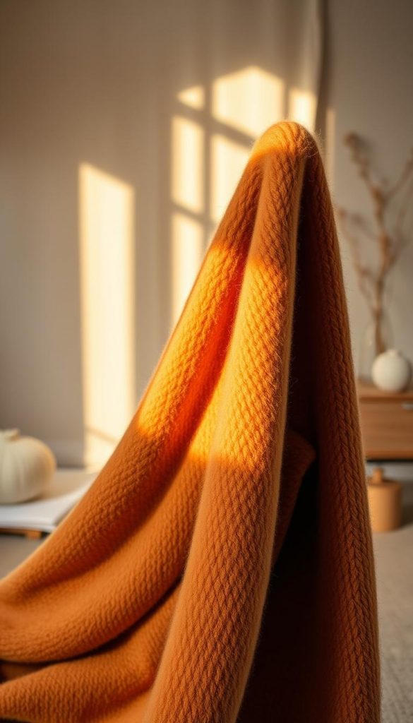 A cozy, well-lit studio setting showcases a plush Merino wool capsule wardrobe piece. The soft, textured fabric in a rich ochre hue takes center stage, accentuated by warm, natural lighting from the side. The garment is elegantly draped, capturing the luxurious yet practical nature of the material. In the background, a minimalist set with wooden accents and natural textures creates a calming, organic ambiance. The overall mood is one of rustic sophistication, perfectly embodying the &quot;KlickKiste&quot; brand's commitment to sustainable, high-quality design for the modern winter wardrobe.